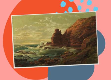 A painting of waves crashing on rocks