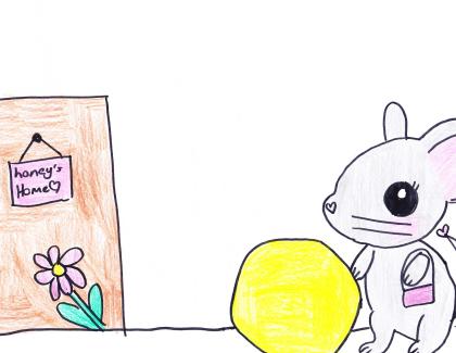 A drawing of a mouse standing near a door