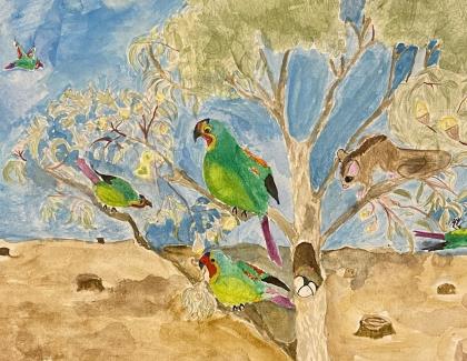 Artwork of parrots in a tree