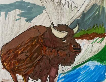Drawing of a bison standing in front of mountains