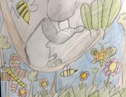 Colourful drawing of a koala in a tree with bees flying around