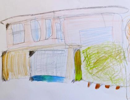 Drawing of a house in green and orange