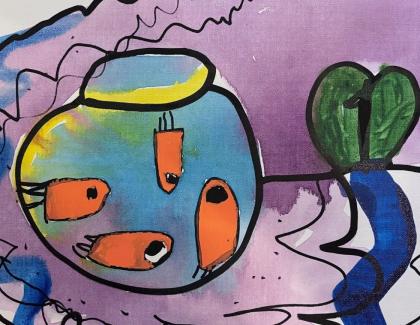 Painting of orange fish in a fishbowl 