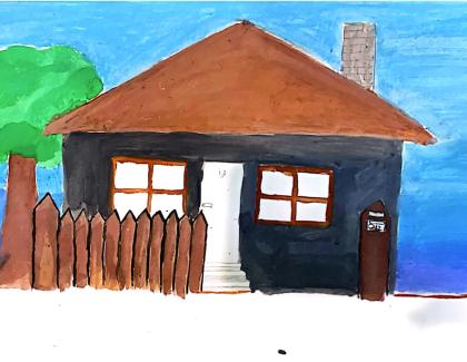 Painting of a house with a blue sky