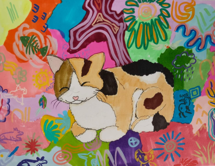 Drawing of a cat with a colourful background