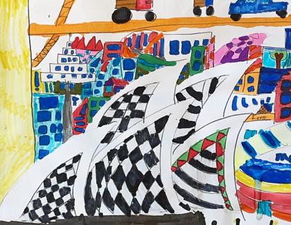 Colourful artwork of Darling Harbour