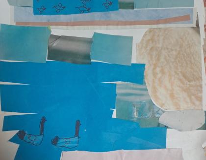 Pieces of blue and white paper and ducks in a collage
