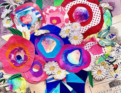 Colourful collage of a vase with flowers and butterflies