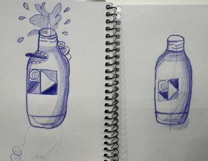 Drawing in blue pencil of bottles