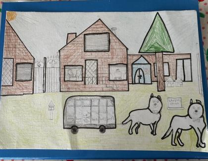 Hand drawn depiction by club member Rodney of his home including his house, caravan and two pets