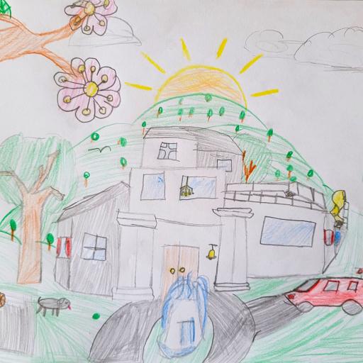Colourful drawing of a house with a car out the front