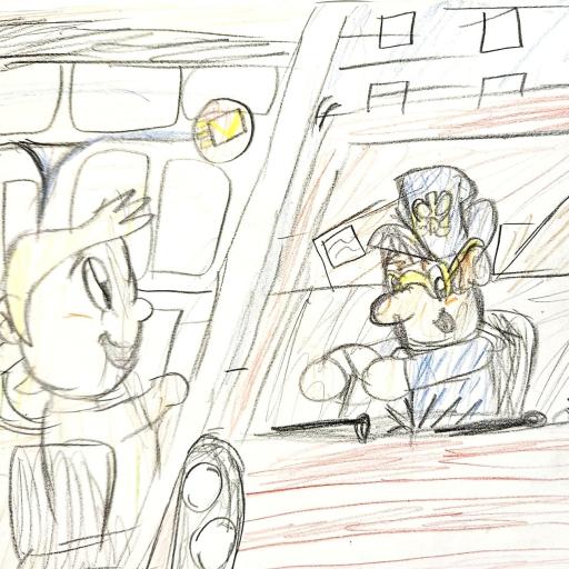 Drawing of a man driving a car