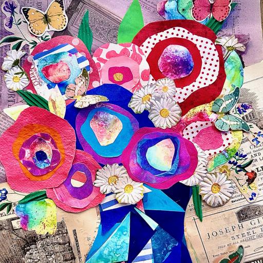 Colourful collage of a vase with flowers and butterflies