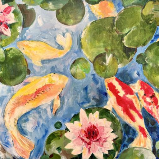 Painting of fish swimming in a lily pond
