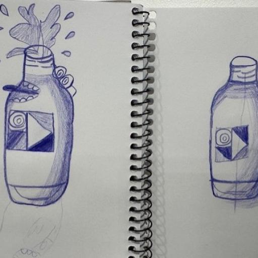 Drawing in blue pencil of bottles
